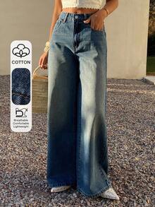 DAZY Jeans rectos de cintura media holgados, estilo casual de ciudad y calle Y2K para mujer - Azul lavado medio - Ver 1