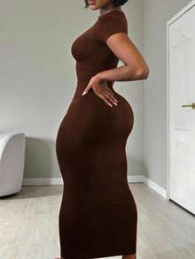 Zyxie 女士休閒純色短袖連身裙 - 咖啡 - 查看 2