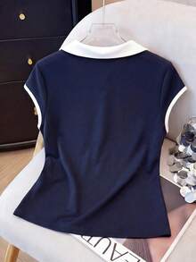 Resyla 女士休闲Polo领撞色短袖独角兽印花宽松T恤上衣，夏季 - 藏蓝色 - 查看 2