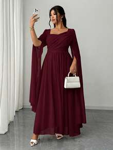Elenzga 大码女士优雅浪漫雪纺飘逸法式方领长袖收腰A字长裙，适合毕业典礼、派对、婚礼宾客等场合，酒红色正式女士连衣裙，优雅经典款 - 酒紅色 - 查看 4