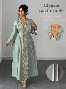 SHEIN PETITE CURVE 优雅花卉蕾丝边长裙，秋冬 - 綠色 - 查看 8