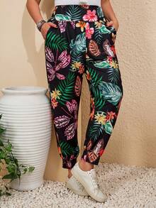 EMERY ROSE Plus Size Women Tropical Plant Print Casual Drawstring Pants Summer Spring Beach Vacation For Bohemian Fall - Multicolor - View 4