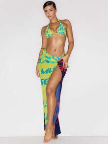 MUSERA Contrast Graphic Print Side Split Maxi Cover Up Skirt Sarong Spring Summer Vacation Sexy Coolgirl Ibiza Festival Holiday Pitstop - Multicolor - View 2