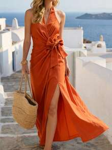 Breezaya Burnt Orange Summer Elegant Tropical Holiday Vacation, V-Neck Wrap Cinched Waist Ruched Midi Dress, Women's French Chic Greece Resort Wear - Orange - View 3
