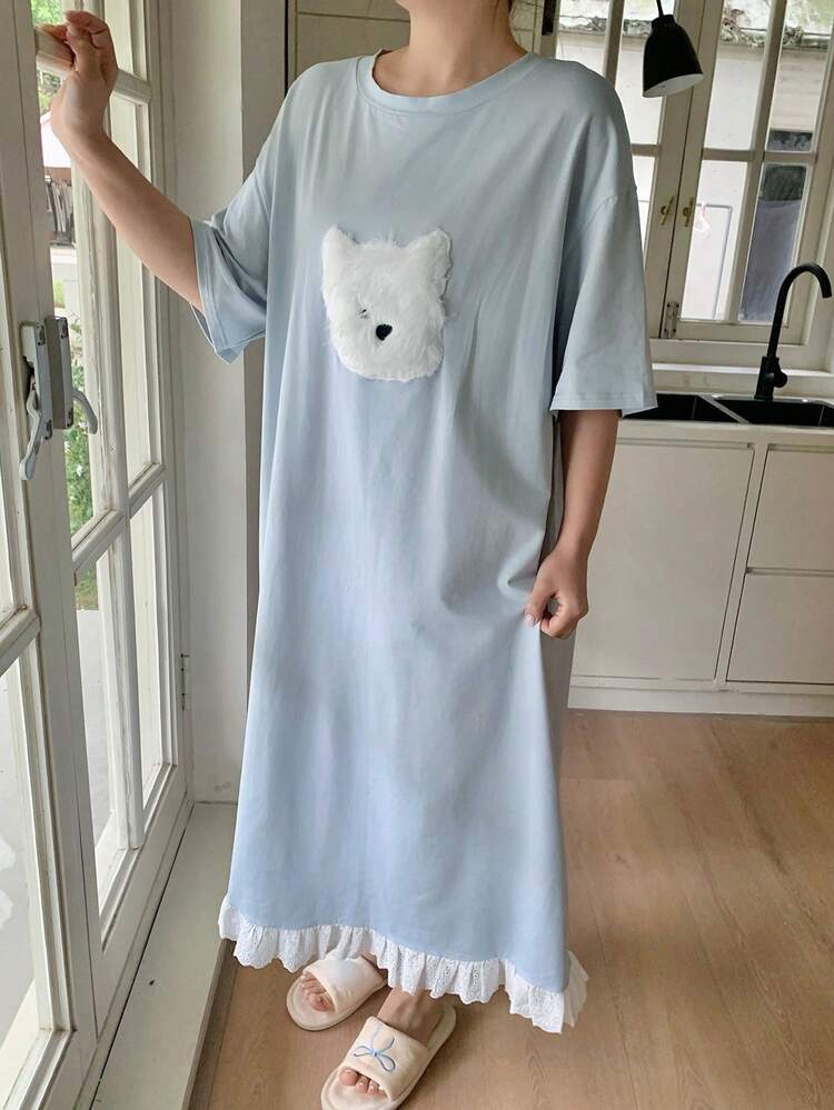 Dazy Plus Fashionable & Cute Cartoon Pattern Loose Fit Round Neck Short Sleeve Long Nightgown, Spring/Summer