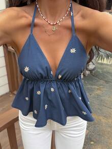 Livesso Women's Tie Neck V-Neck Tie Sleeveless Top, Summer - Blue - View 5