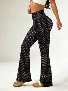 Core Rhythm Women's Regular Waist Black Polka Dot Print Flared Pants, Suitable For Daily Casual Wear, Running, Yoga, Gym, Tennis, Golf And Other Sports Activities, Autumn/Winter - Multicolor - View 6