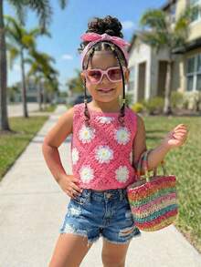 Young Girl Fashionable Vacation Fitted Camisole Crochet Floral Knit Tank Top, Pink - Pink - View 1