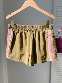 Comfortcana Quần short nữ dáng rộng, cạp chun, phối ren tương phản, kiểu dáng thường ngày. - xanh quân đội - Xem 4