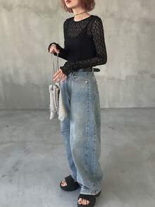 FRIFUL Women's Slim Fit Lace Blouse, Round Neck Long Sleeve, Sheer Textured Fabric, Casual Versatile For Holiday, Beach - Black - View 5