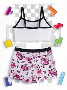 Tetris™ X SHEIN Tween Girls Letter Print Camisole & Boyshort Underwear Set - Pink - View 2