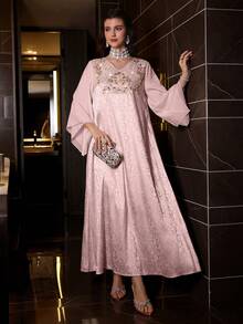 Layrah Vestido de fiesta elegante de mujer con cuello en V, patrón floral de lentejuelas y cintura ceñida - Rosa - Ver 7