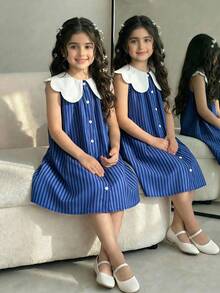 少女优雅可爱时尚彼得潘领条纹无袖学院风连衣裙，夏季 - 藍色 - 查看 1