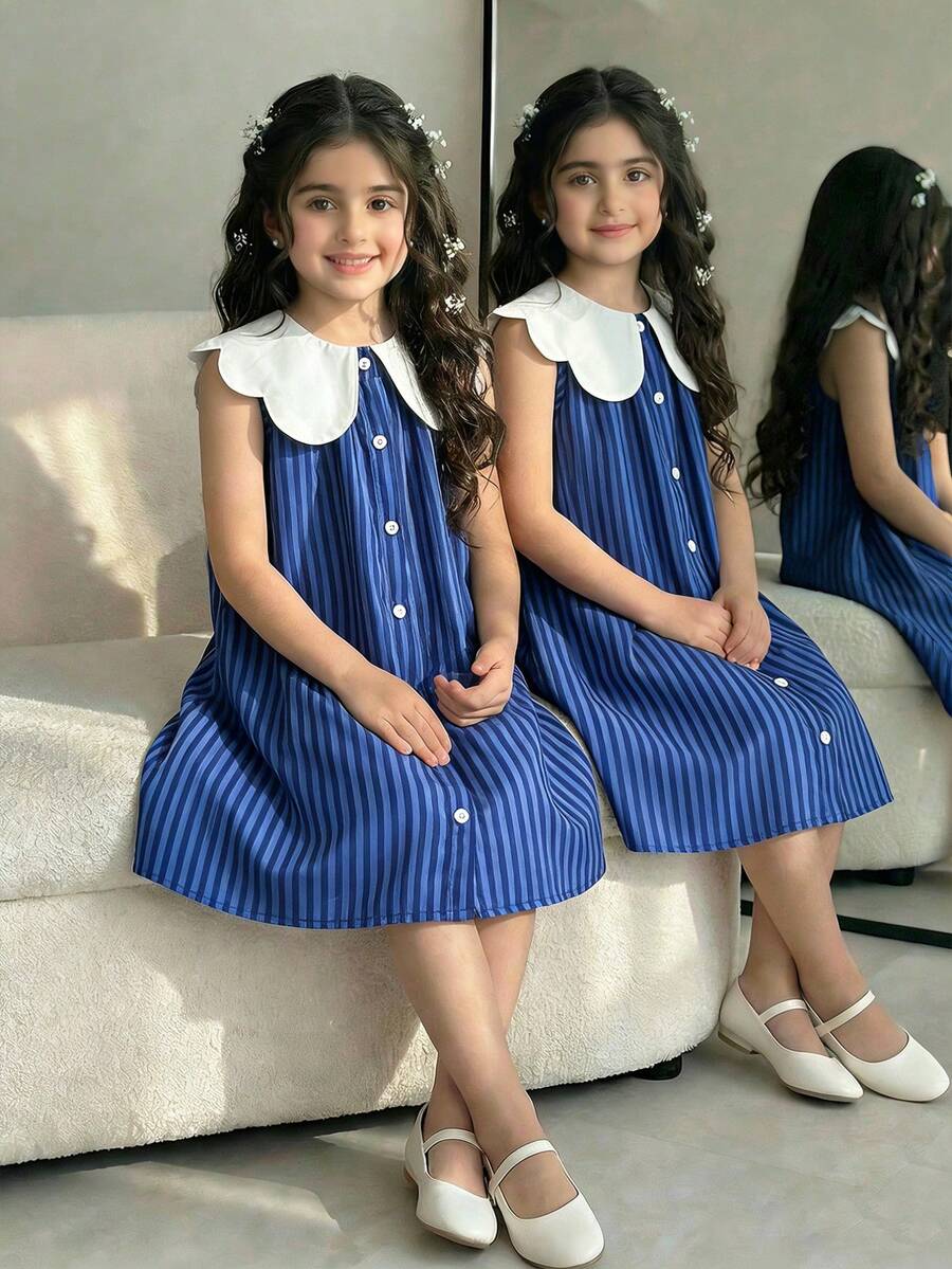 少女优雅可爱时尚彼得潘领条纹无袖学院风连衣裙，夏季 - 藍色 - 查看 1