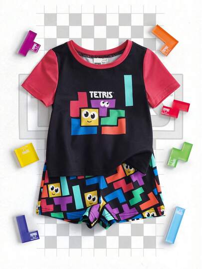 Tetris™ X SHEIN 男婴字母几何印花圆领短袖上衣和短裤休闲家居服套装
