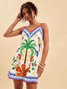 Travachic Tropical Print Spaghetti Strap Mini Vacation Dress - Multicolor - View 1