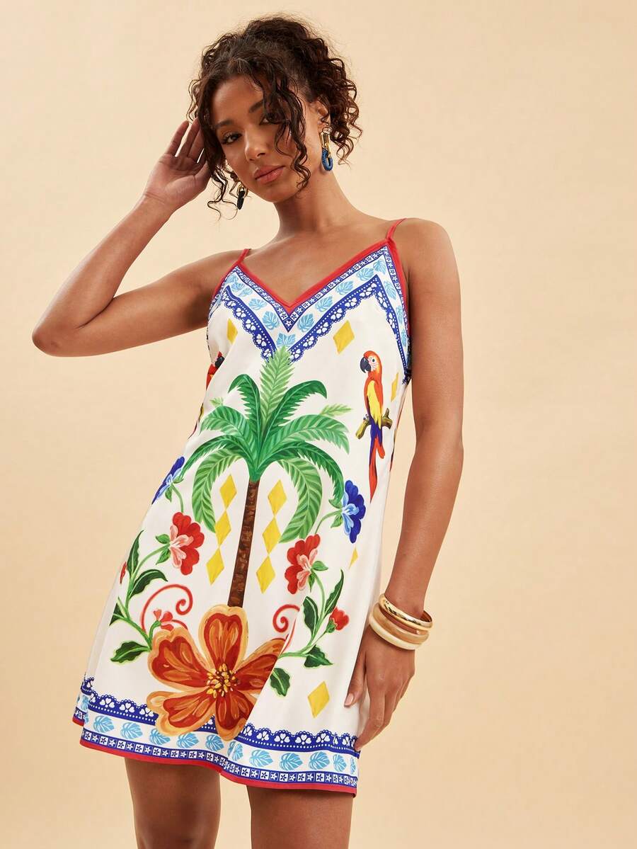 Travachic Tropical Print Spaghetti Strap Mini Vacation Dress - Multicolor - View 1