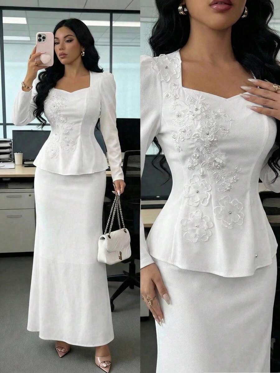 Modelyn 春夏优雅方领刺绣花瓣袖上衣搭配鱼尾裙