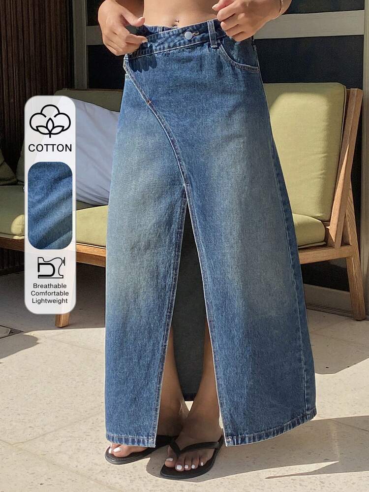 Women's Regular Waist Slit Loose Straight Casual Denim Skirt