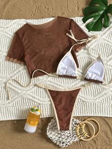 Swim Mod 3pcs Women's Surfing Outfit Set, Cherry Letter Print Spaghetti Strap Bikini With Transparent Mesh Cover-Up T-Shirt, Summer Beachwear - Brown - View 2