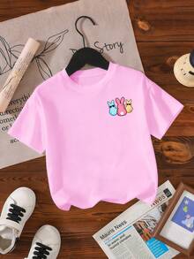 复活节期间，小女孩穿着印有卡通兔子图案的短袖T恤，戴着时尚眼镜，格子闪电印花，休闲百搭，适合夏季穿着。 - 粉色 - 查看 3