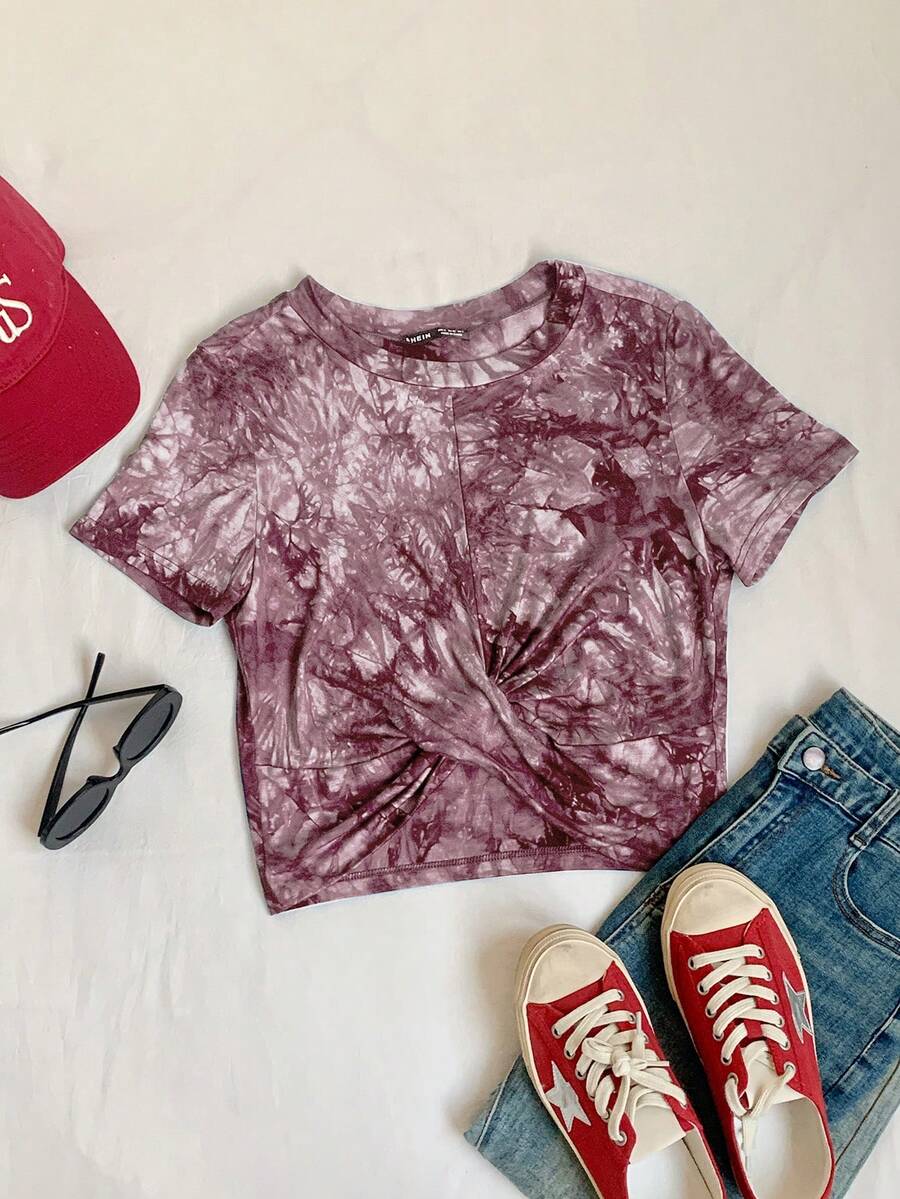 SHEIN EZwear 扎染印花扭结短袖T恤，休闲夏季款 - 咖啡棕 - 查看 1