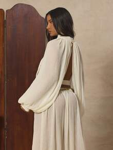 MUSERA Blusa coordinada con cuello alto, holgada, con espalda abierta y dobladillo ajustado, solo parte superior, linda para primavera, vacaciones, estilo dulce, sal y verano - Crema - Ver 4