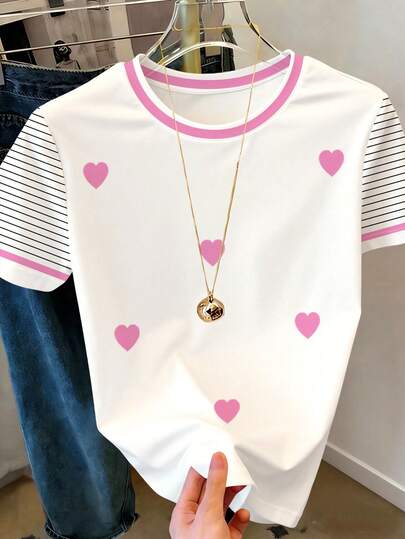 Camiseta corta de cuello redondo de manga corta, cintura alta y ajustada, con estampado de corazones a rayas rosas, estilo retro y minimalista casual, adecuada para el verano