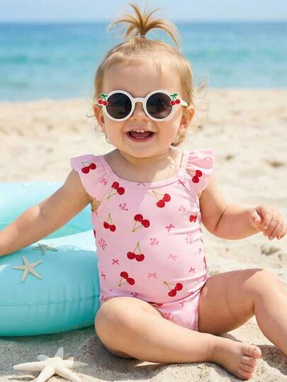 SHEIN 奶油色，甜美可爱的樱花蝴蝶结印花，女婴休闲简约修身连体泳衣，适合夏季穿着