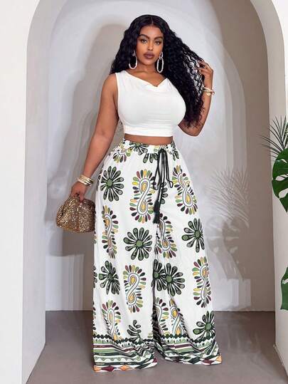 Slaydiva Spring/Summer New Plus Size Women's Full-Length Wide Leg Pants/Bohe/Music Festival/Easter/St. Patrick's Day/Western Style/ Nomadic Style/ Birthday Party/ Graduation/Casual Daily Outfit/Vacation/Cruise Travel/Beach/Sunbathing/Valentine's Day/Fashion Influencer Style/Commuting Style/Commuting Style/Summer Floral Patterns