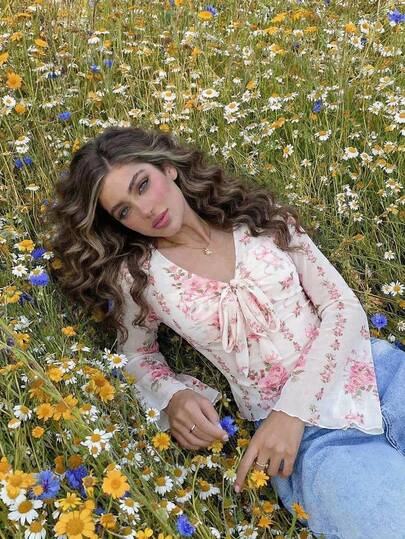 SHEIN MOD 女士优雅印花系带喇叭袖T恤