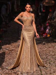 Glamrae Váy dạ hội trễ vai, hở vai, đính ngọc trai và sequin sang trọng, đính nơ đuôi cá hở lưng, chất liệu satin, phù hợp cho mọi dịp trang trọng, đám cưới, dạ tiệc, tiệc tối - Rượu sâm banh - Xem 7