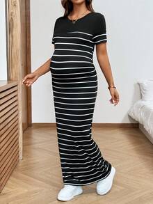 SHEIN 孕妇圆领条纹休闲日常短袖连衣裙 - 黑與白 - 查看 7
