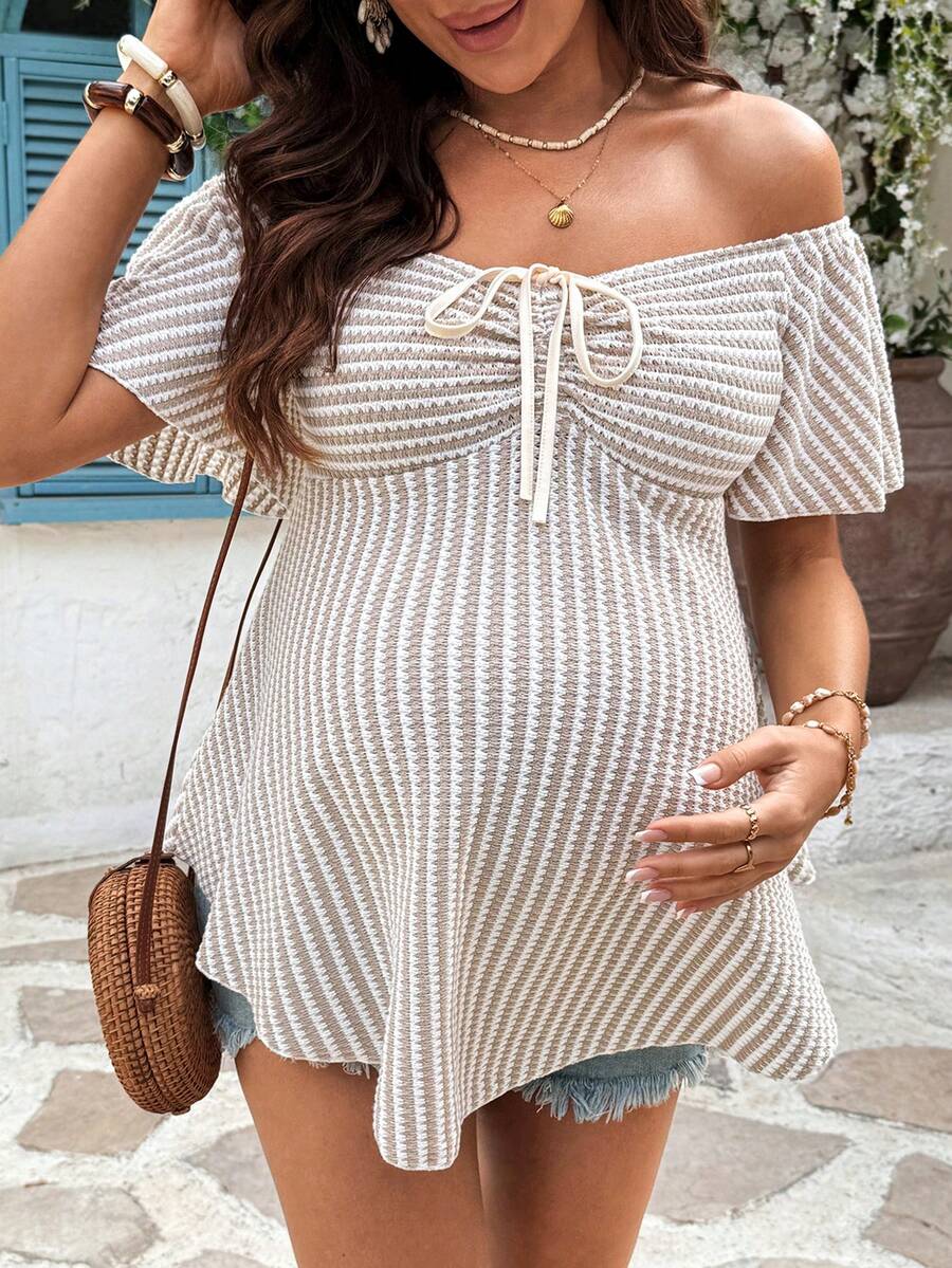 SHEIN 孕妇休闲条纹露肩T恤 - 白色 - 查看 1