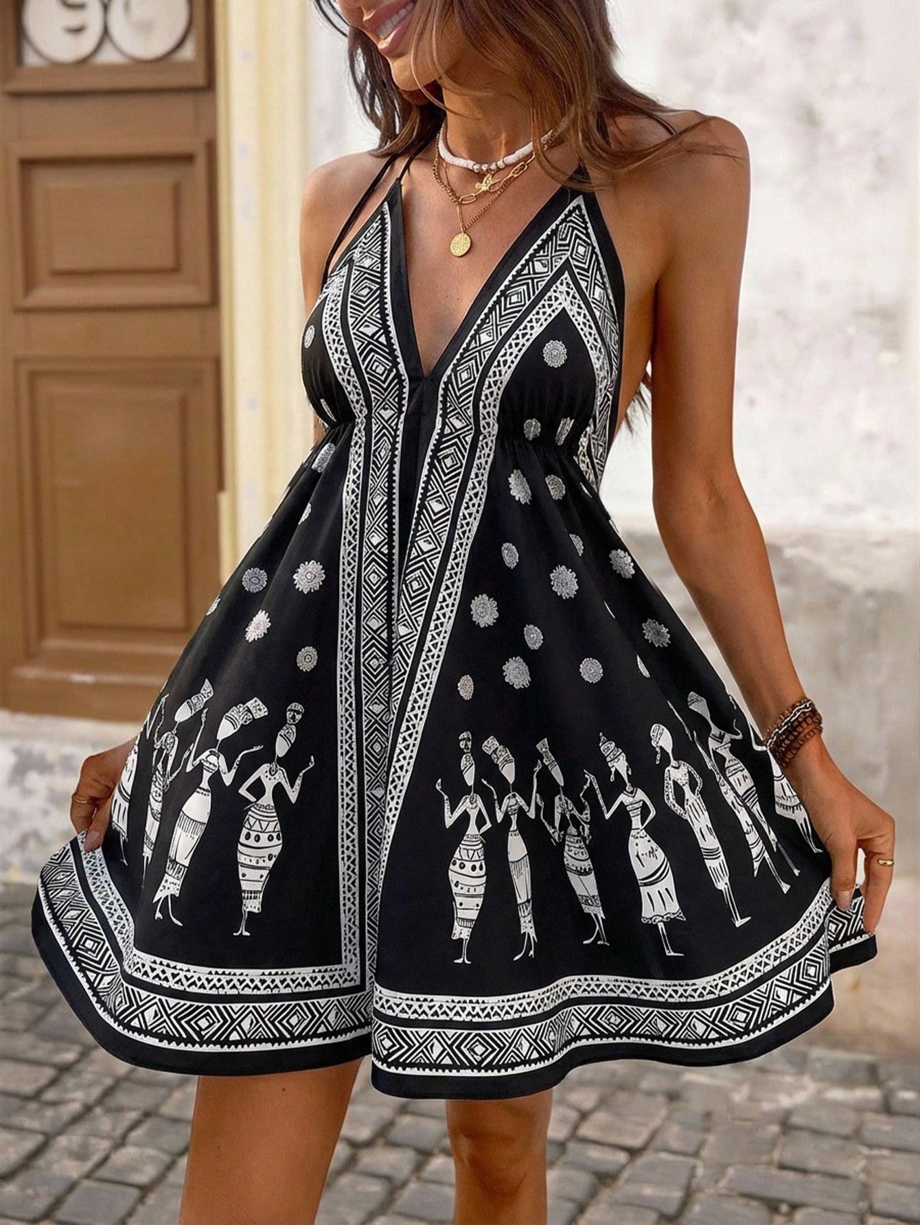 Brillora Vestido Curto Estampado Sem Mangas e Decote Nas Costas, Adequado para Férias na P...