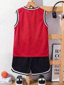 SHEIN 2pcs Kids Tween Boy Casual Red And Black Summer Streetwear Vacation Tracksuit,23 Number Graphic Contrast Rib Knit Loose Tank Top And Shorts Set - Black - View 3