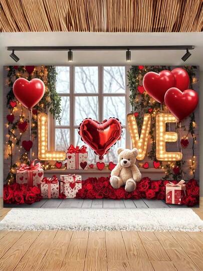 1 pièce, Toile de fond pour photographie de la Saint-Valentin, mur de briques en forme de cœur avec rose rouge, décor d'ours en peluche, accessoires pour studio photo pour mariage, cadeau, échange, fête, décorations, bannières.