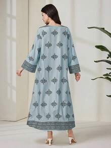 Al Najma 女士优雅度假风印花V领流苏装饰喇叭袖宽松阿拉伯连衣裙，春秋季 - 綠色 - 查看 2