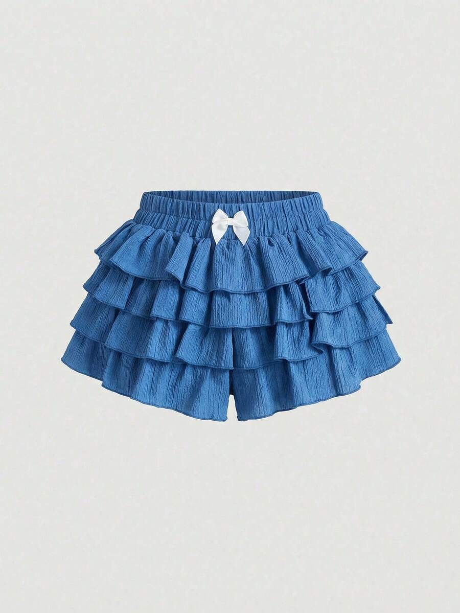 Celana Pendek Kasual Musim Panas untuk Anak Perempuan dengan Motif Kupu-kupu Peri dan Pita Berlapis, Celana Pendek Berenda untuk Anak Remaja, Pakaian Sehari-hari Musim Semi - MultiWarna - View 1