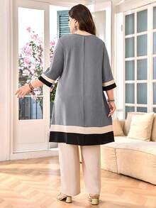 Lacomfia Plus Size Casual Commuter Color Block Patchwork Top And Pants 2 Pieces Set - Light Grey - View 2