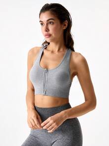 Loungeista EMUPER 一体式拉链无缝运动文胸，带可拆卸胸垫 - 灰色 - 查看 5