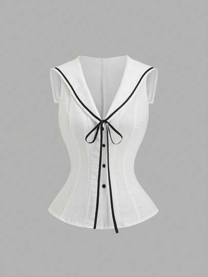 Sweetra Women's Summer New Sweet Innocent College Style Navy Collar Bow Tie Waist Sleeveless Contrast Color Slim Fit White Blouse