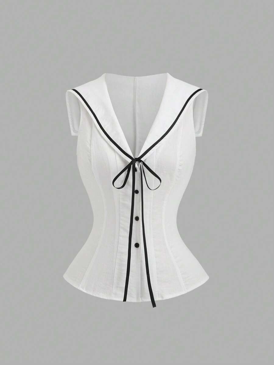 Sweetra 女士夏季新款甜美清纯学院风藏青色领结腰部无袖撞色修身白色衬衫 - 白色 - 查看 1