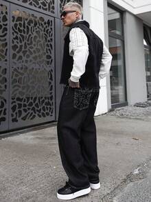 Artur Kramer 男士几何图案口袋直筒休闲牛仔裤，适合外出聚会、通勤、度假、街头、垃圾摇滚风 - 黑色 - 查看 5