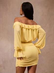 Opulessa Summer Spring Going Out Beach Vacation Festival Party Wedding Graduation Prom Elegant Casual Formal Women's Elegant Solid Color Off-Shoulder Ruffle Hem Dress, Spring Summer Outfits, Festival Dress, Elegant Party Dress, Beach Vacation Outfits, Wedding Guest Dresses, Formal Graduation Dress, Work Outfits For Women - Yellow - View 2