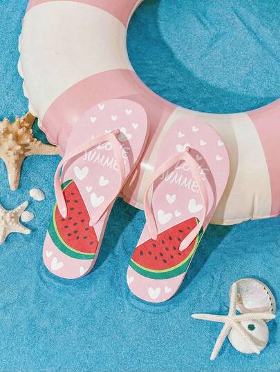 Grefit Women Shoes New Summer Models, Waterproof And Non-Slip, Cute Watermelon Love Printing Open Toes, Sweet Wind, Flat-Bottomed Casual Wind Rubber And Plastic EVA Flip-Flops, Daily Home Beach Vacation Sandals, Pool Party Slippers