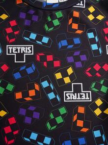 Tetris™ X SHEIN Young Boy Letter & Geometric Print Round Neck Short Sleeve T-Shirt And Shorts Casual Daily Outfit - Black - View 4