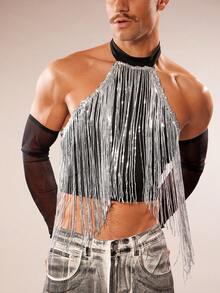 FeverCity Men's Halter Backless Fringe Design Sexy Versatile T-Shirt - Black - View 1