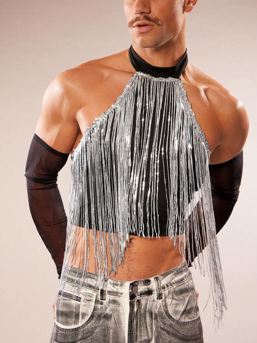 FeverCity Men's Halter Backless Fringe Design Sexy Versatile T-Shirt - Black - View 1