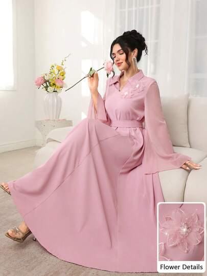 SHEIN Najma Spring/Summer Fashion Beaded 3D Floral Collar V-Neck Chiffon Patchwork Elegant Jalabiya Dress Long Dress For Women Pink Dress Elegant Pink Dress Pink Long Dress Flower Embellishment Dress Gown